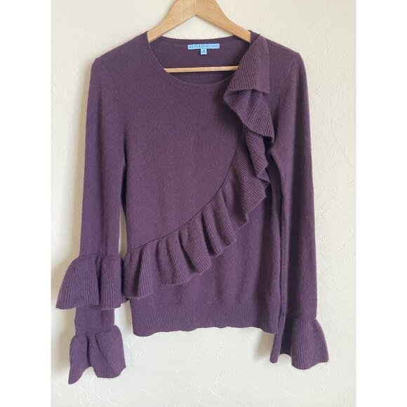 Antonio Melani Eggplant Purple Ruffle Crewneck Pullover Sweater 100% Cashmere - Picture 1 of 7
